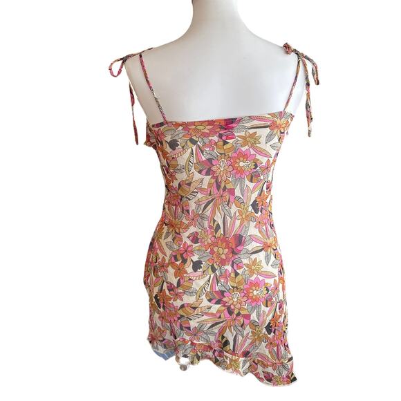 Y2K Silk Floral Ruched Top M | Vintage Ruffle Hem Tie Strap Blouse - Picture 3 of 7